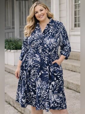 Women's Navy & White Printed Shirt Dress